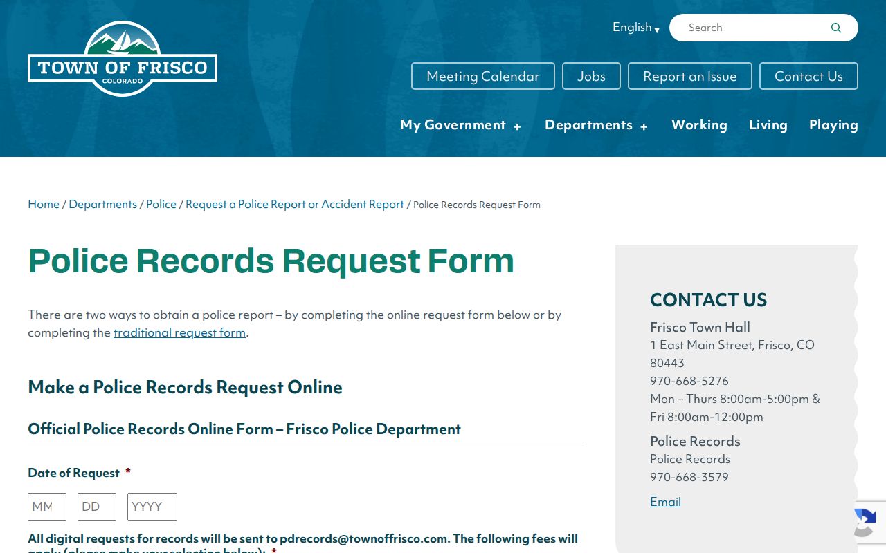 Frisco criminal history Police Records request form